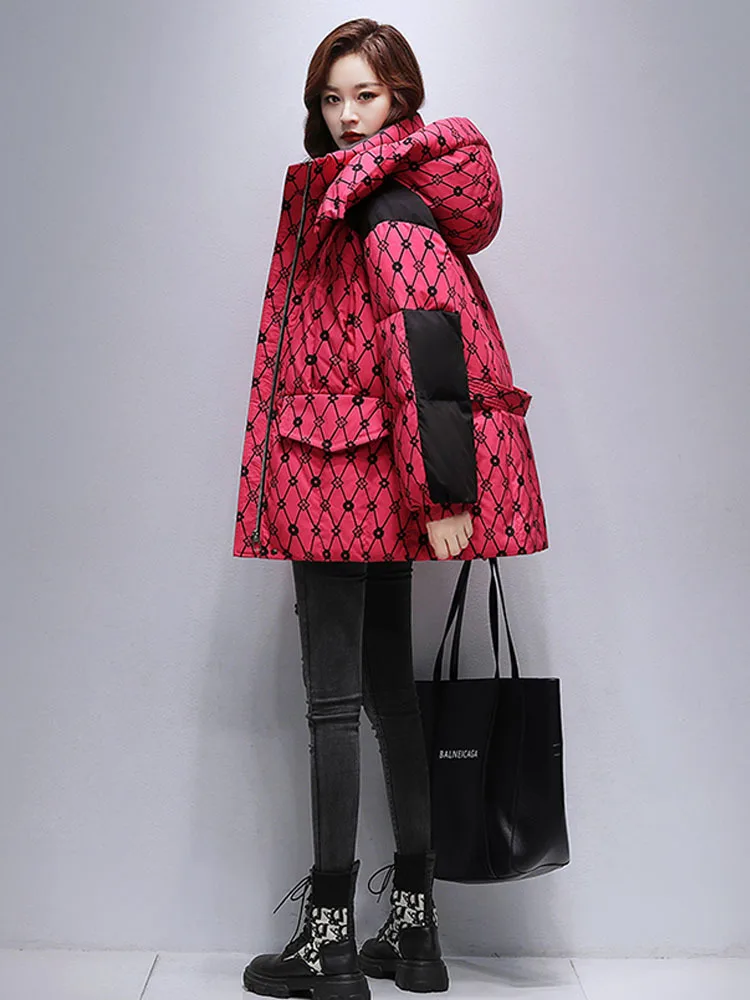 2024 Autumn Winter Fashion White Duck Down Warm Hooded Printed Coats Zipper Pockets Design Korean Casual Outerwear