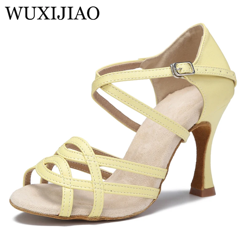 WUXIJIAO Ladies Latin Dance Shoes PU Purple Yellow High Heels Wide Heel 9cm Salsa Ballroom Latin Dance Shoes