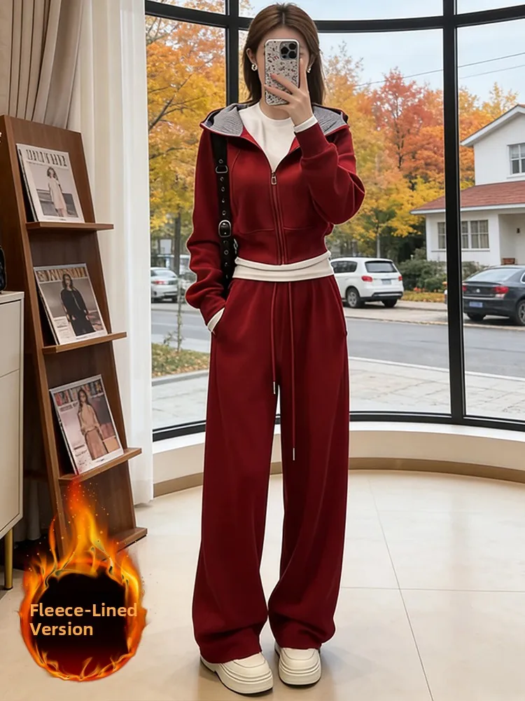 

Fashionable Casual Sportswear Set Women's Winter Fleece Lined High Waist Wide Leg Pants Two Piece Set Comfortable Hoodie Top