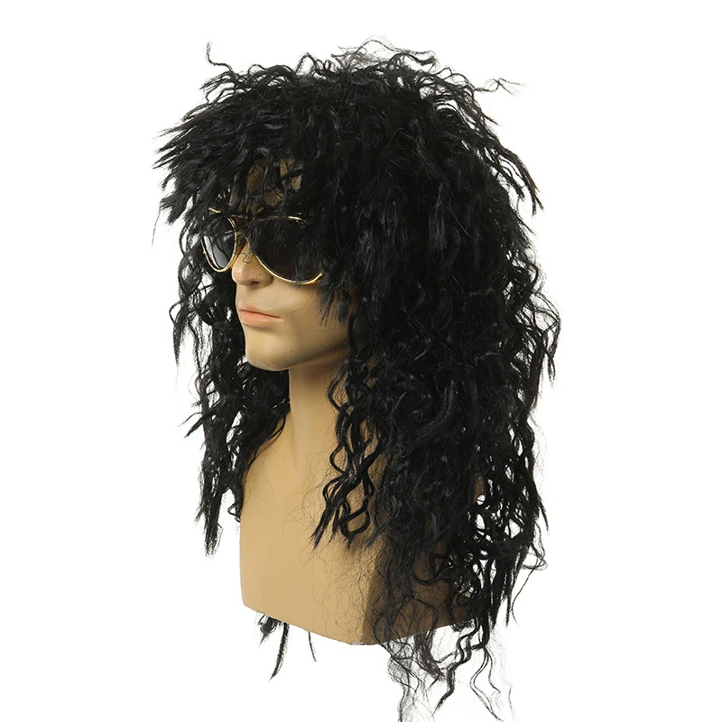 Men Long Curly Wig Black Wig Male Synthetic Cosplay Wigs Puffy High Fiber Machine For Rock Party Fluffy Nightclub Bar Wig