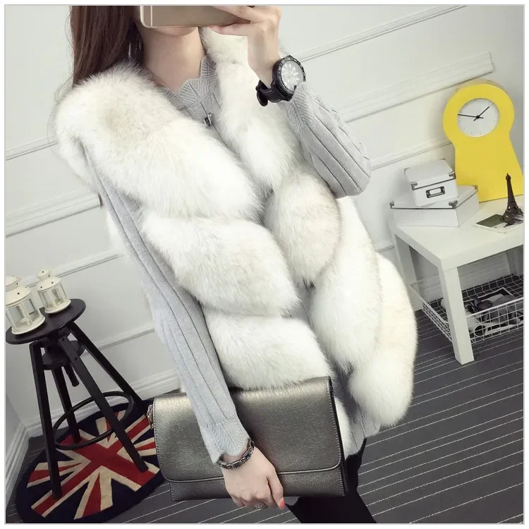 Natural White Color Fluffy Real Fox Fur Vest Women Elegant Raccoon Fox Fur Gilet Sleeveless Fox Fur Gilet For Little Girls