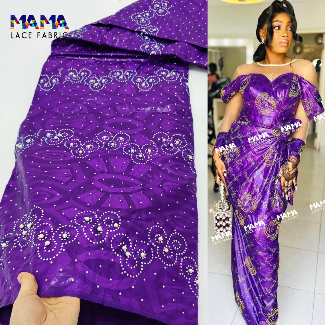 

Beads And Stones Bazin Riche Jacquard Fabric Purple For Nigerian African Women Wedding Party Bride Dress Sewing Basin Material