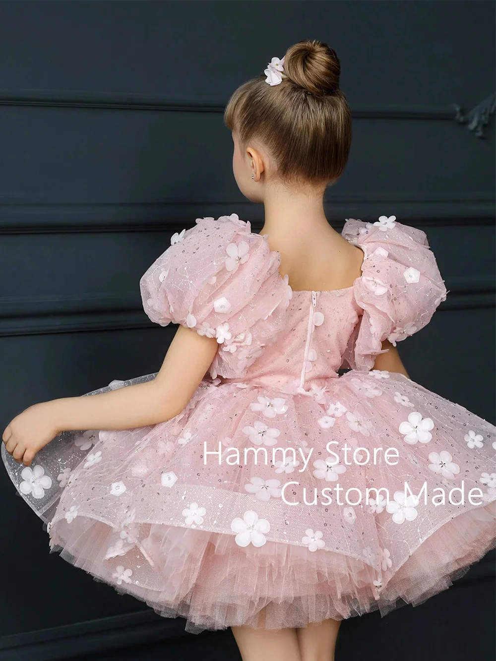 Cute Princess Flower Girl Dress Short Sleeves Flowers Sequin Tulle Puffy Party Gown for Pageant Kids Dresses for Weddings