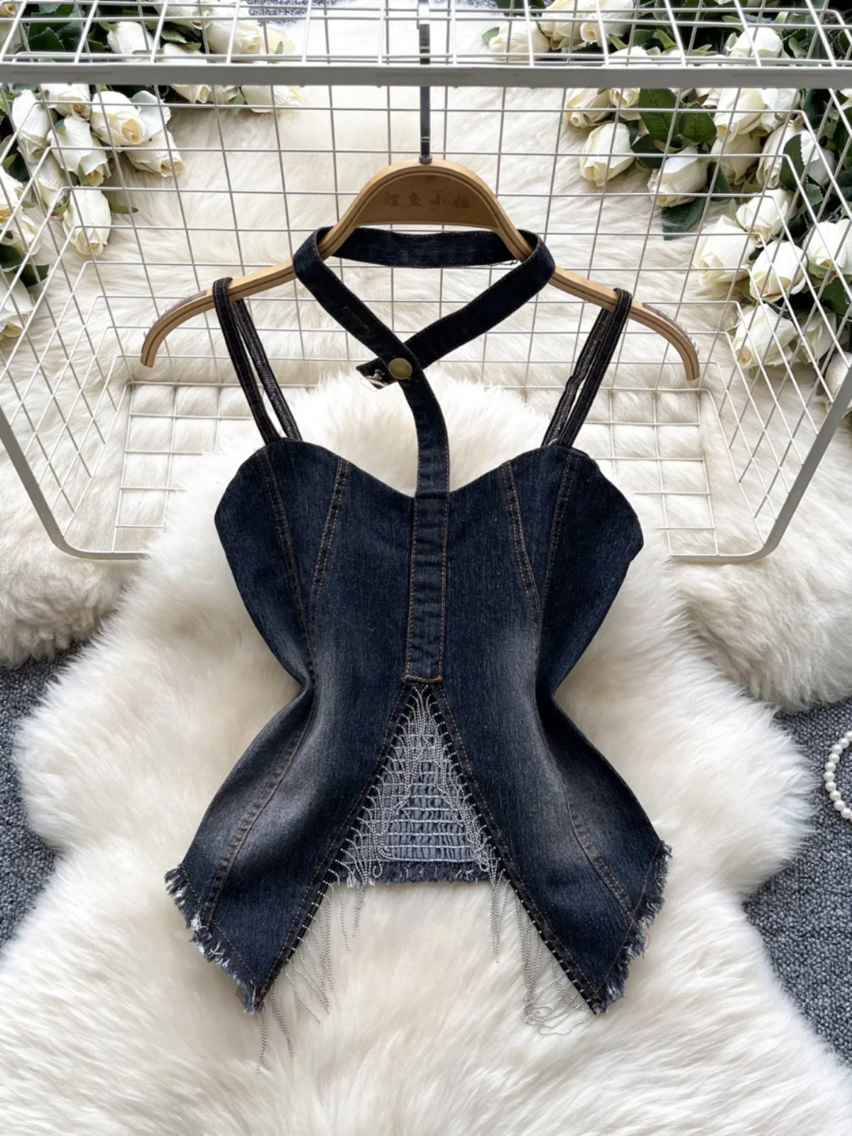 Foamlina American Streetwear Girls 's Halter Suspender Denim Tube Top Women's Summer Rough Edge Splicing Pure Desire Vest Top