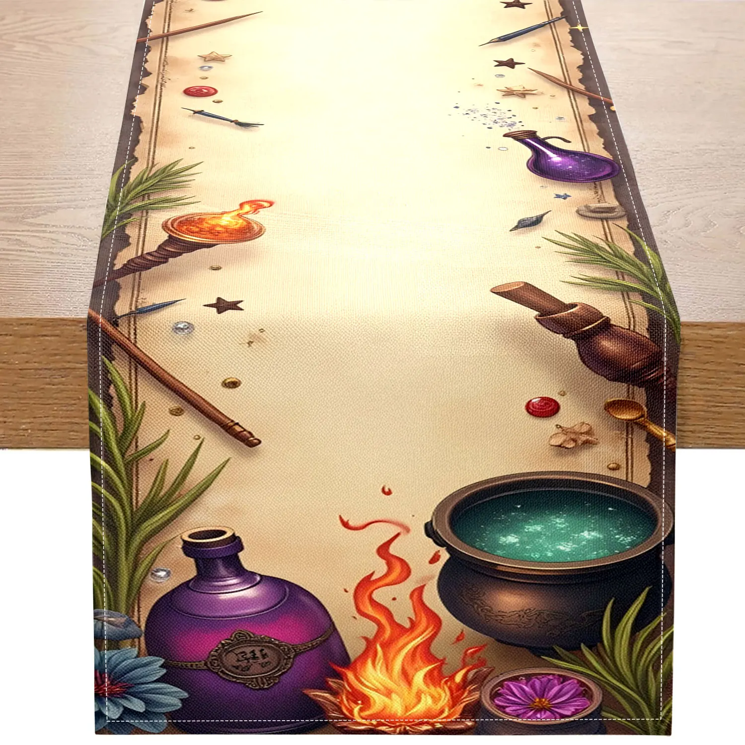 

1 Piece of Witch Theme Table Runner, with Spell Book, Potion and Magic Tool Pattern, Suitable for Wizard Theme Parties, Fantasy Conference, Magic Home Decoration
