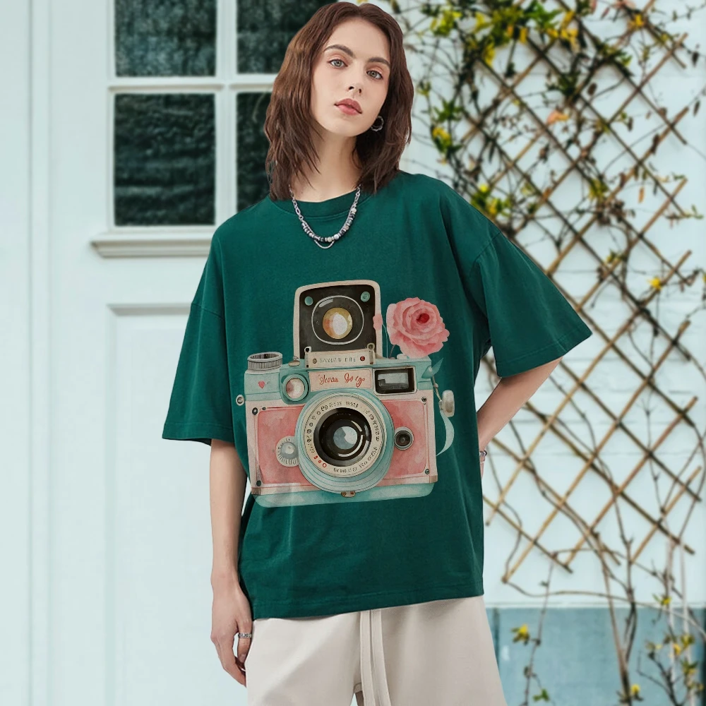Y2k Graphic Tee, Vintage Camera with Rose Print in Watercolor Style, Artistic & Charming, Soft Fabric for Nostalgic Casual Looks