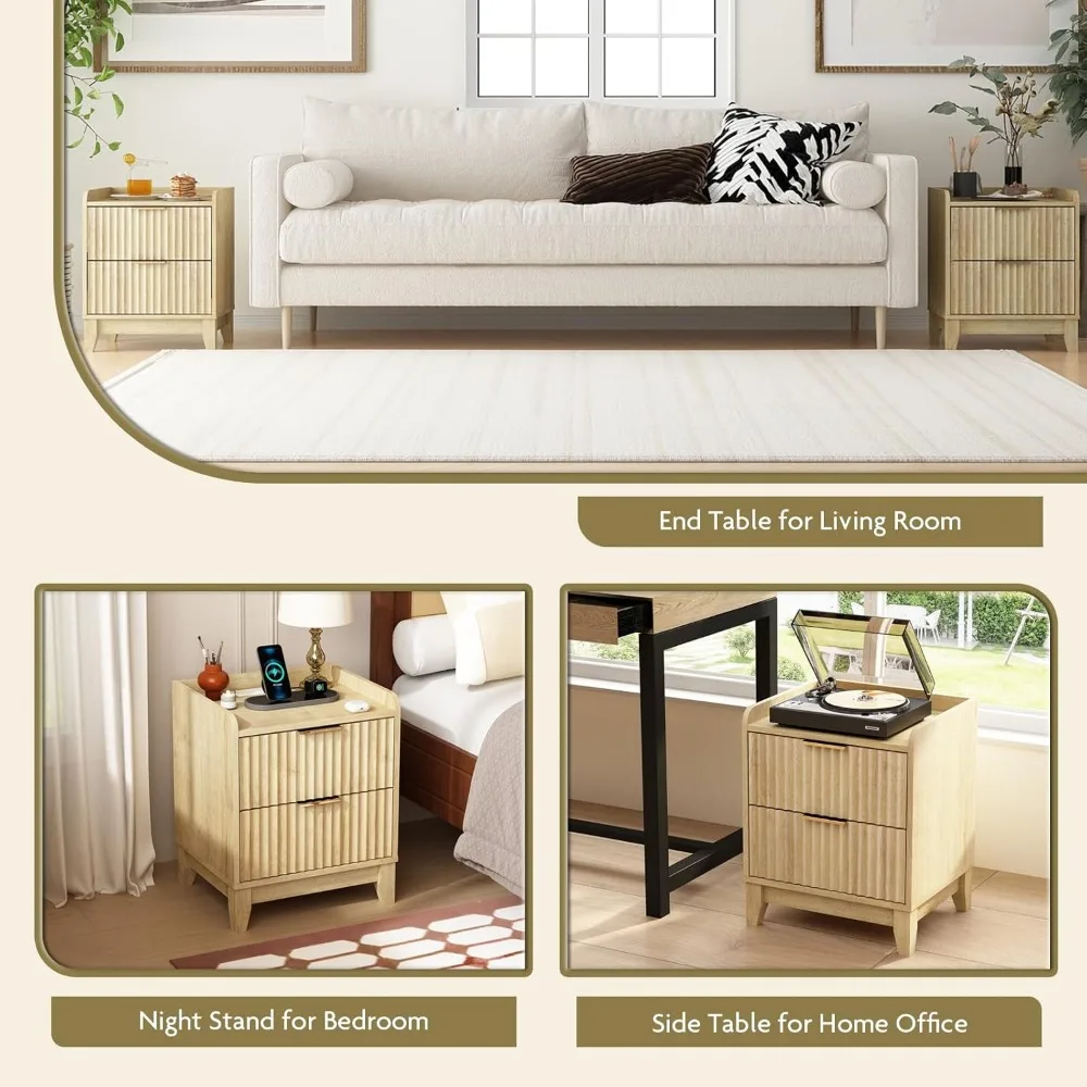 pair of farmhouse style nightstands with charging stations and storage drawers