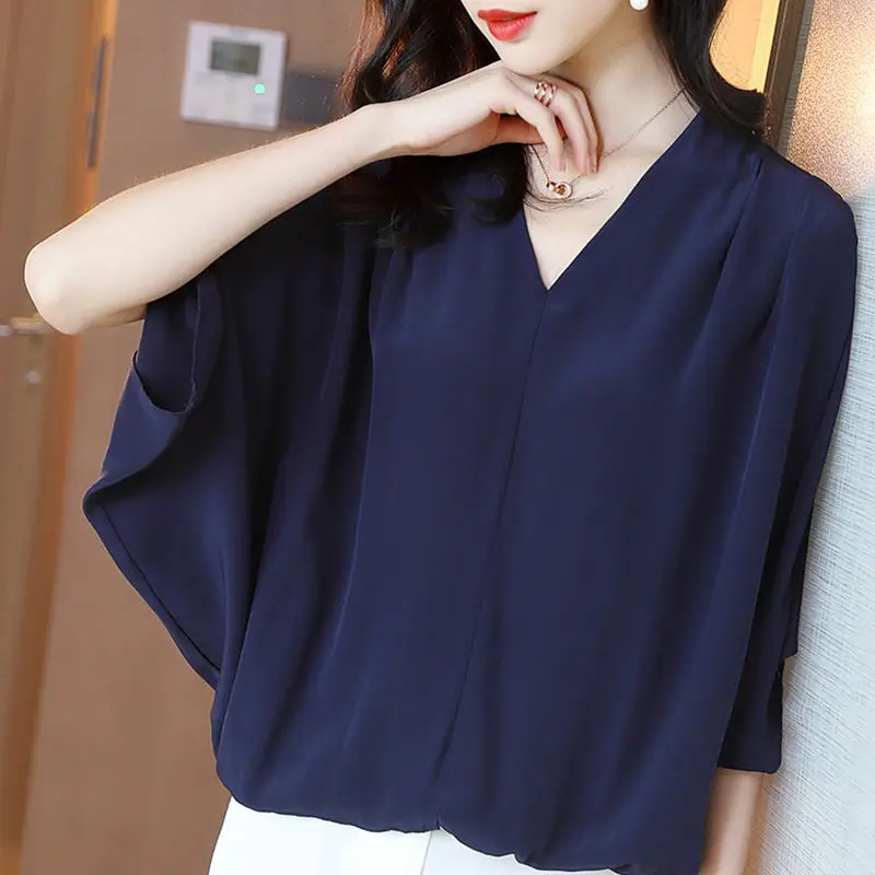 Elegant V-Neck Solid Color Batwing Sleeve Loose Blouse 2022 Summer New Office Lady Tops Oversized Casual Women\'s Clothing Shirt