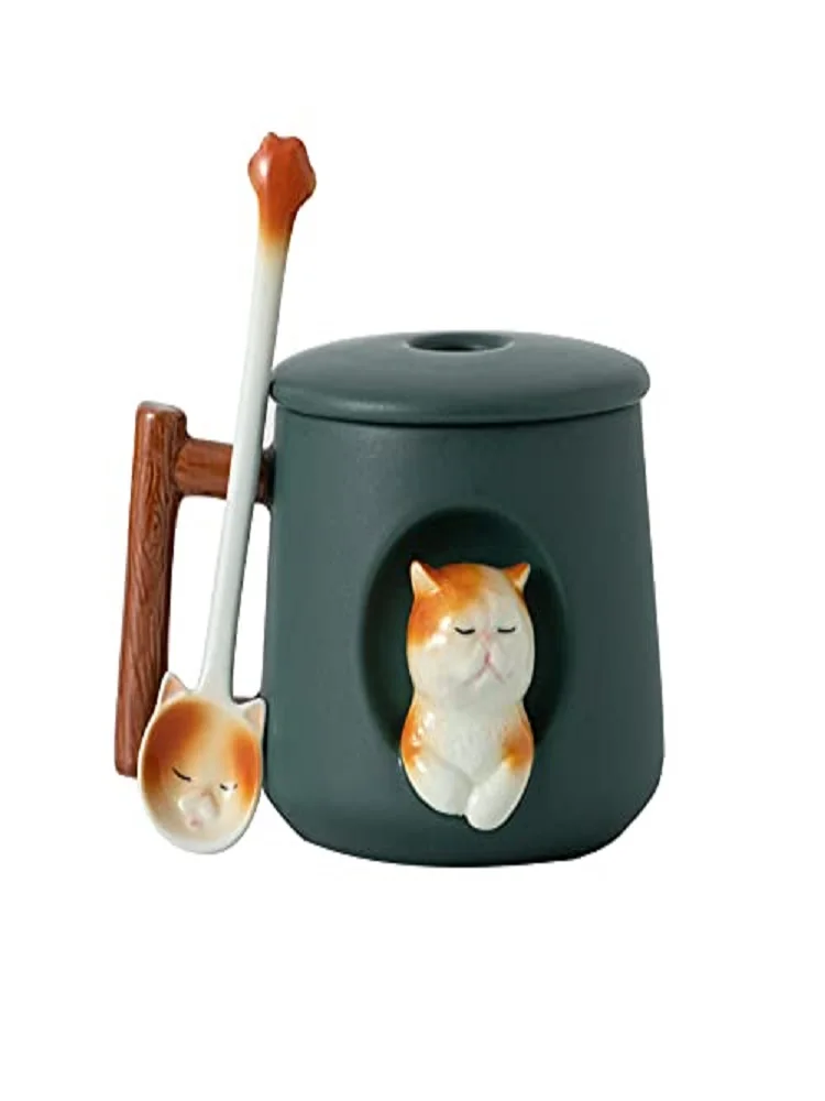 Adorable 3D Ceramic Cat Mug with Lid and Spoon - Perfect for Coffee, Tea, Milk, and More - Ideal Gift for Animal Lovers