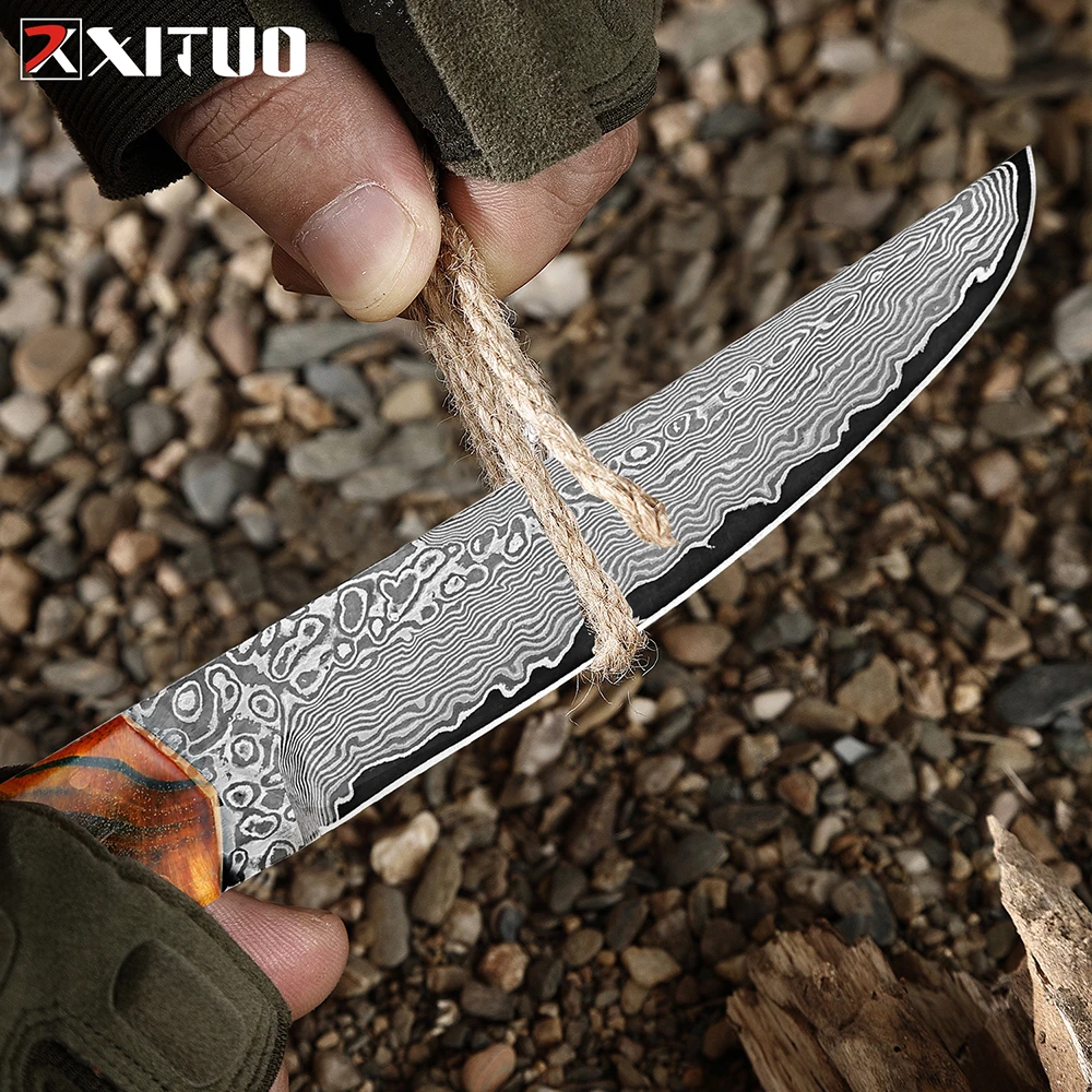 Handmade Damascus Kitchen Utility knife Hunting Knife for Chopping Meats Fixed Blade Bushcraft Knife with Stabilised wood Handle