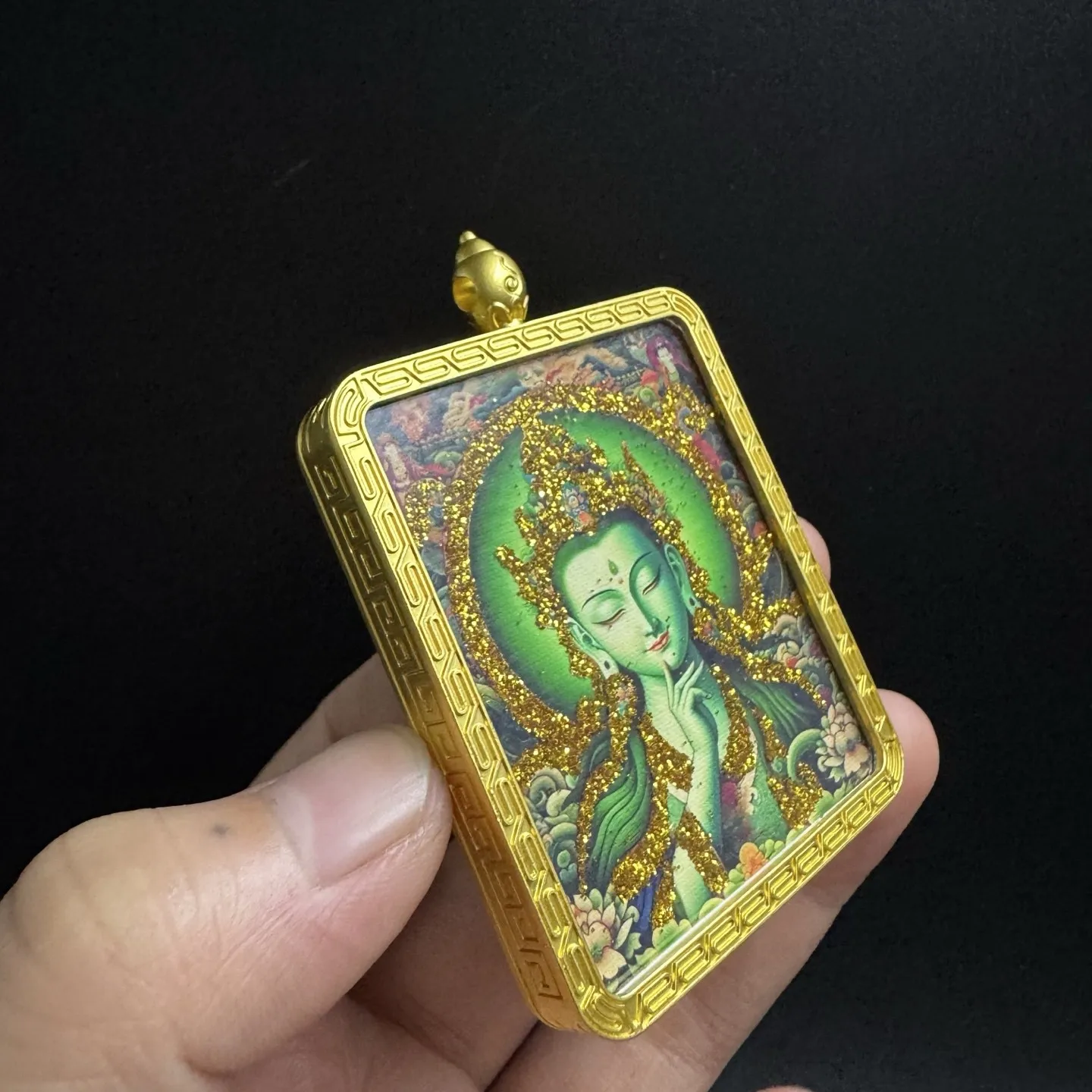 Tibetan Style Green Tara Pendant Colorful Gold Finish on Titanium Steel Talisman