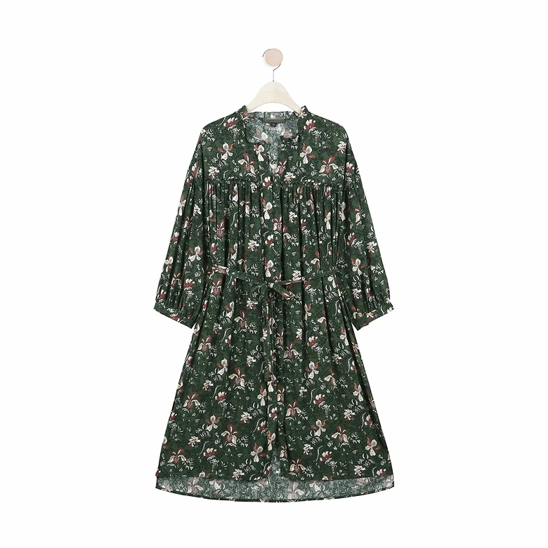 Soie coton thé Rose imprimé Dr avec ceinture minceur Protection solaire v-ne a-ligne jupe mi-longue mi-longue coréenne Sle