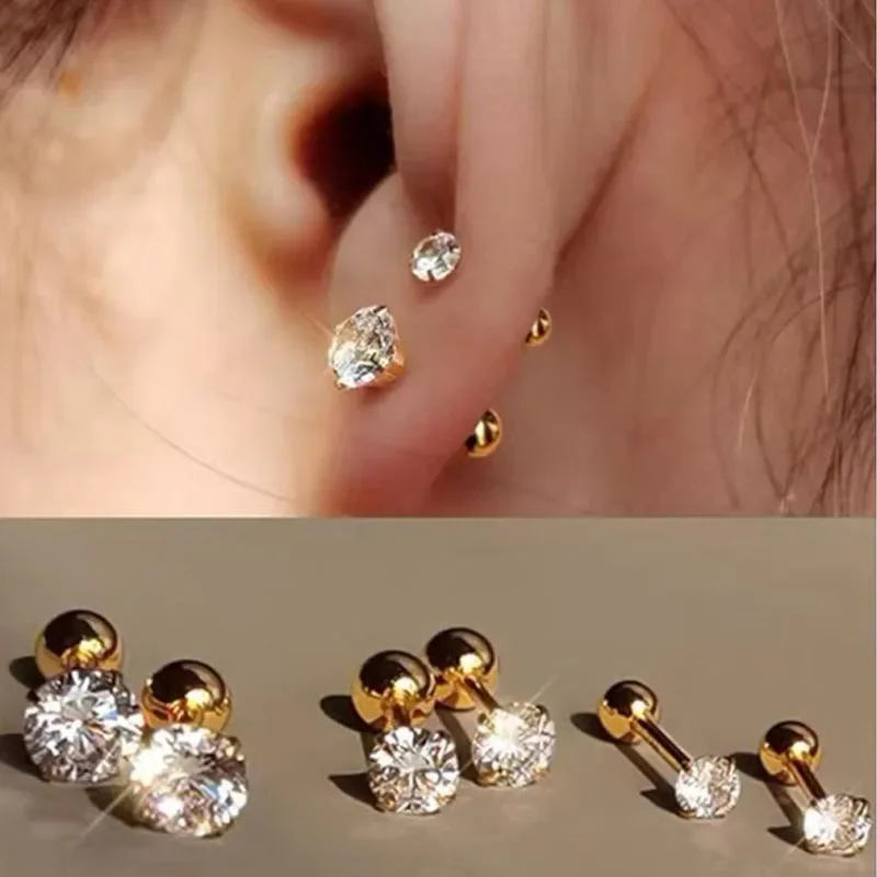 3Pairs Classic Round Zirconia Stud Earrings For Women, Stainless Steel Women's Cartilage, Tragus, Lobe, Daith Piercing Jewelry