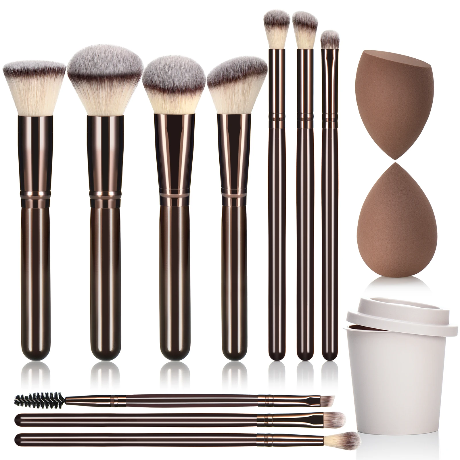Coffee-Colored Makeup Brush Set with Wooden Handles 10-Piece Ladies Cosmetic Tools including Makeup Sponges