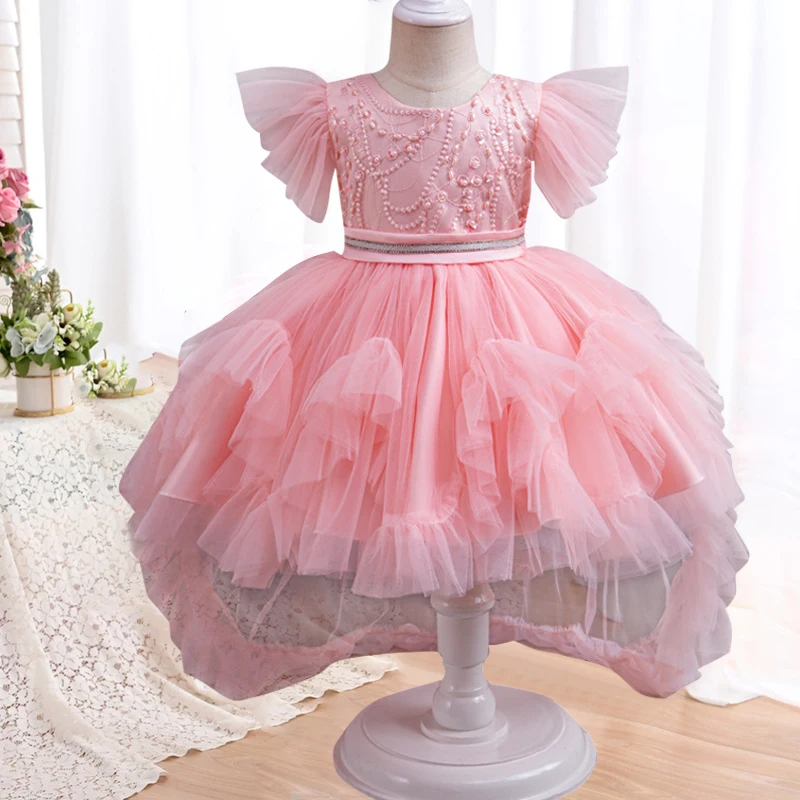 Girl's Bow Tail Princess Dress 2024 New Fashion Sequin Pearl Mesh Dress Carnival Birthday Party Performance Casual Dress