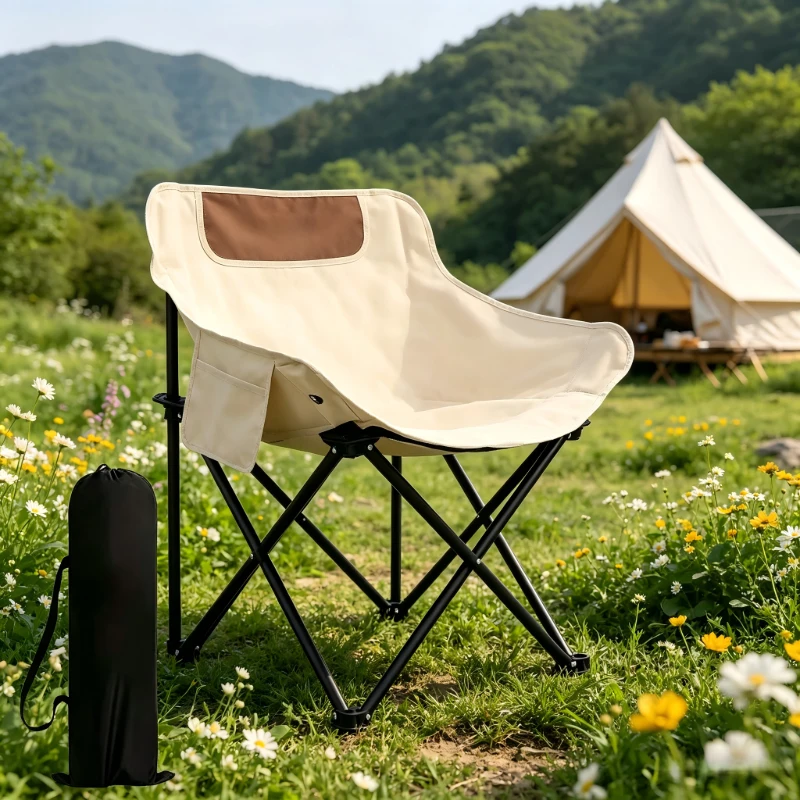 Silla Plegable Portátil Beige, Diseño Ultraligero con Bolsa de Almacenamiento, Perfecta para Acampar, Pescar, Hacer Picnic, Fiestas y Viajes al Aire Libre