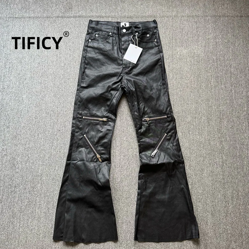 

High Street RO Style 25ss Pant Men's New Brushed Wax Coating Knee Zipper Slim Fit Slightly Flared Floor Frayed Casual Pants