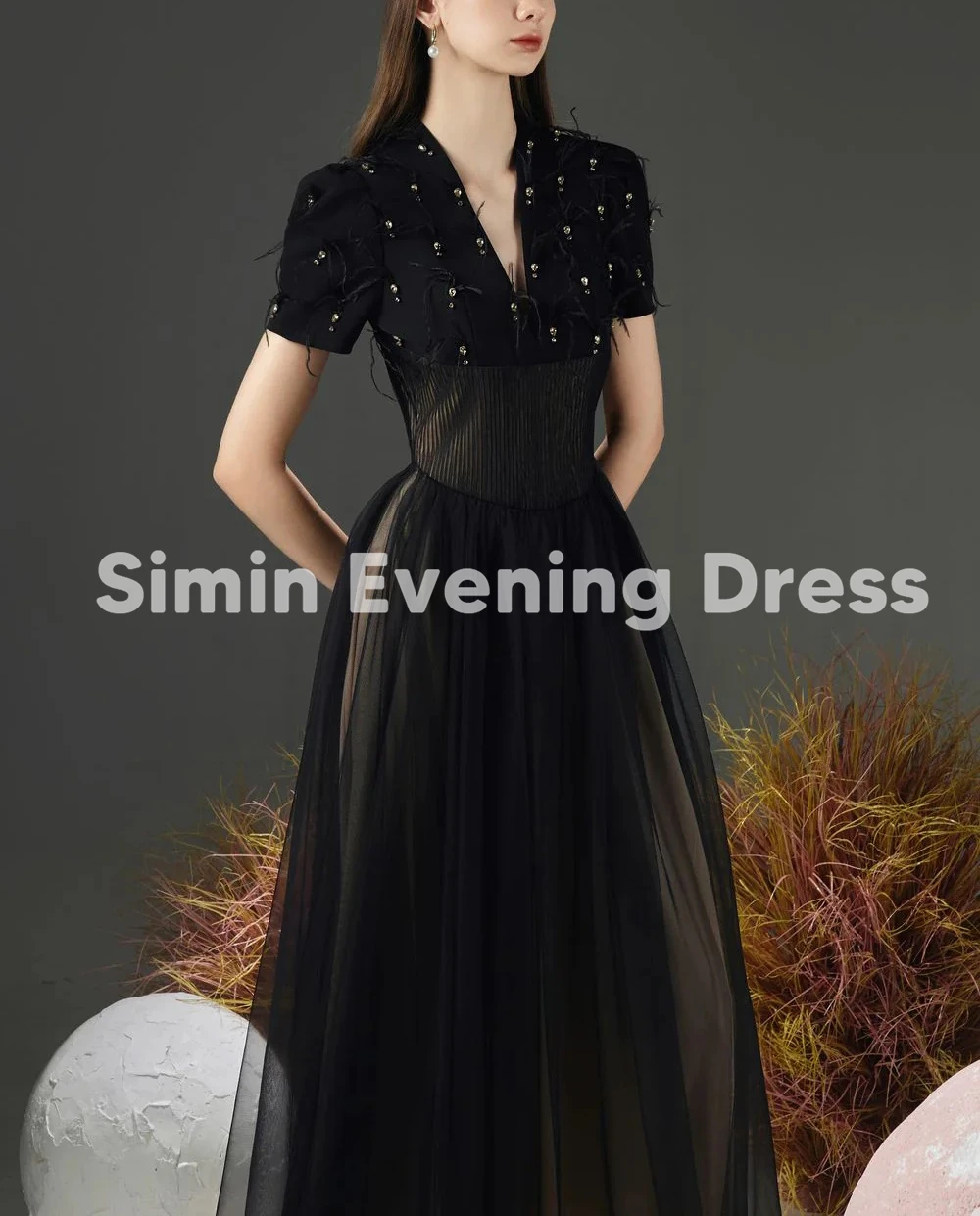 Simin المرأة الخامس الرقبة الفراء مطرز تول ألف خط فساتين سهرة بسيطة بأكمام قصيرة الكاحل طول فساتين أنيقة رسمية 2025 #5