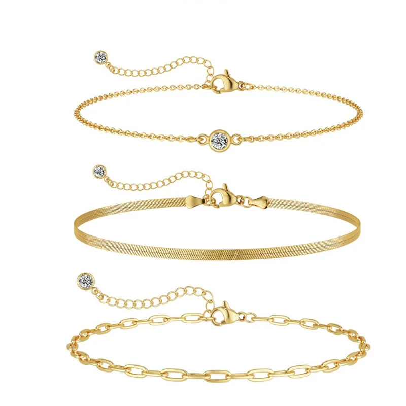 14K banhado a ouro inoxidável impermeável pulseira conjuntos para mulheres, corrente de cobra, cubano link, bracelete, pulseiras empilháveis para meninas, 3pcs