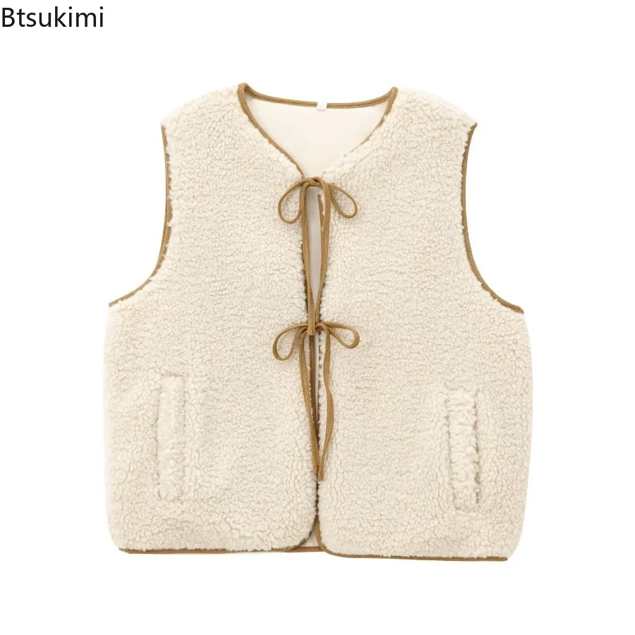 2026 Autumn Winter Stylish Fleece Bow Tie Sleeveless Round Neck Simple Casual Vest for Women Loose Lace Up Cardigan Waistcoat