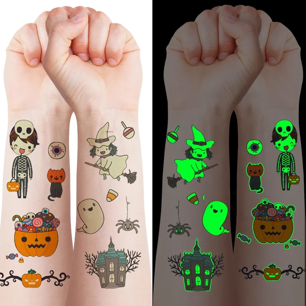 Luminous Halloween Temporary Tattoos, Cute Witch Pumpkin Ghost Styles Waterproof Tattoos Stickers For Halloween Party Supplies D