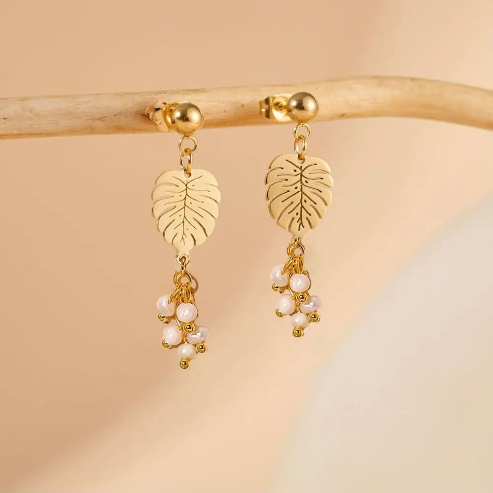 Dainty Elegant Pears Gold Leaf Charm Modern Dangle Earrings Drop Earrings Stainless Steel Casual Foliage Eardrops Wedding