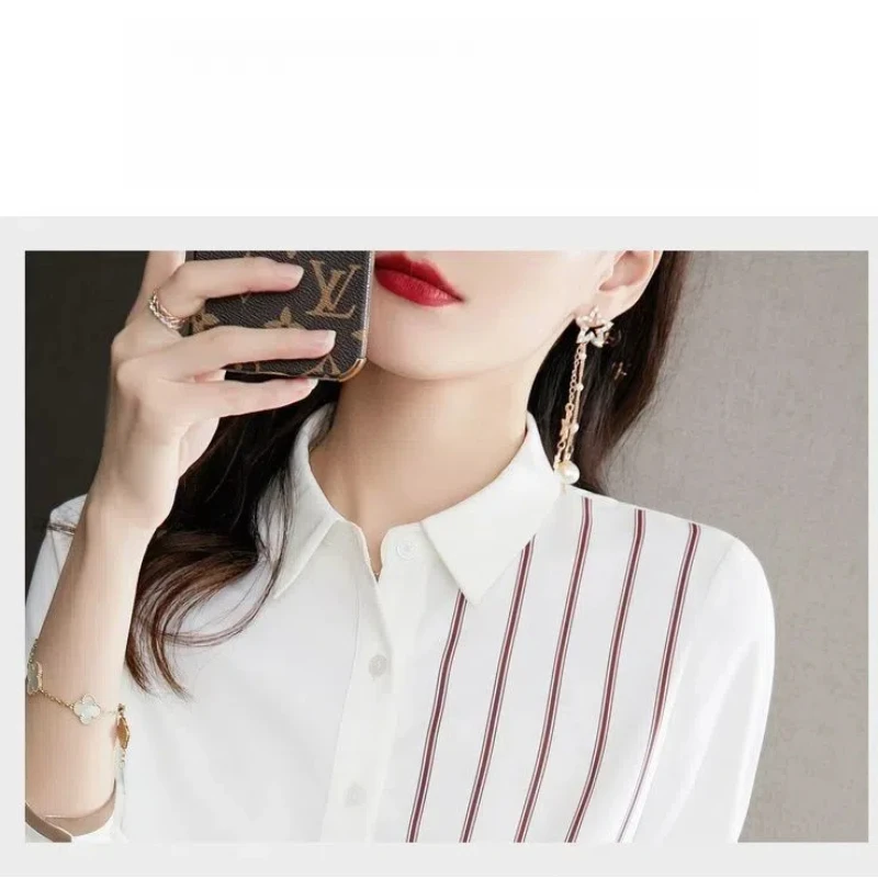 Spring Autumn Women\'s Clothing Turn-down Collar Striped Button Cardigan Lantern Long Sleeve Contrast Color Casual Shirt Tops