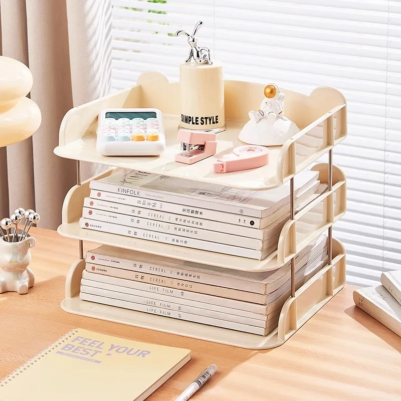 

Desktop Organizer Rack Office A4 Paper File Storage Box Home Children's Bookshelf Plastic Rectangular 2 Layers Pull out