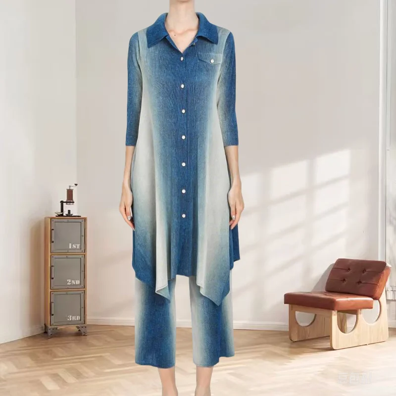 

Miyake Pleated Pants Set Plus Size Fold Women's Skinny Suit Miyake Pleated Casual Pants Two-piece Set Fashion 2025 New Clothing