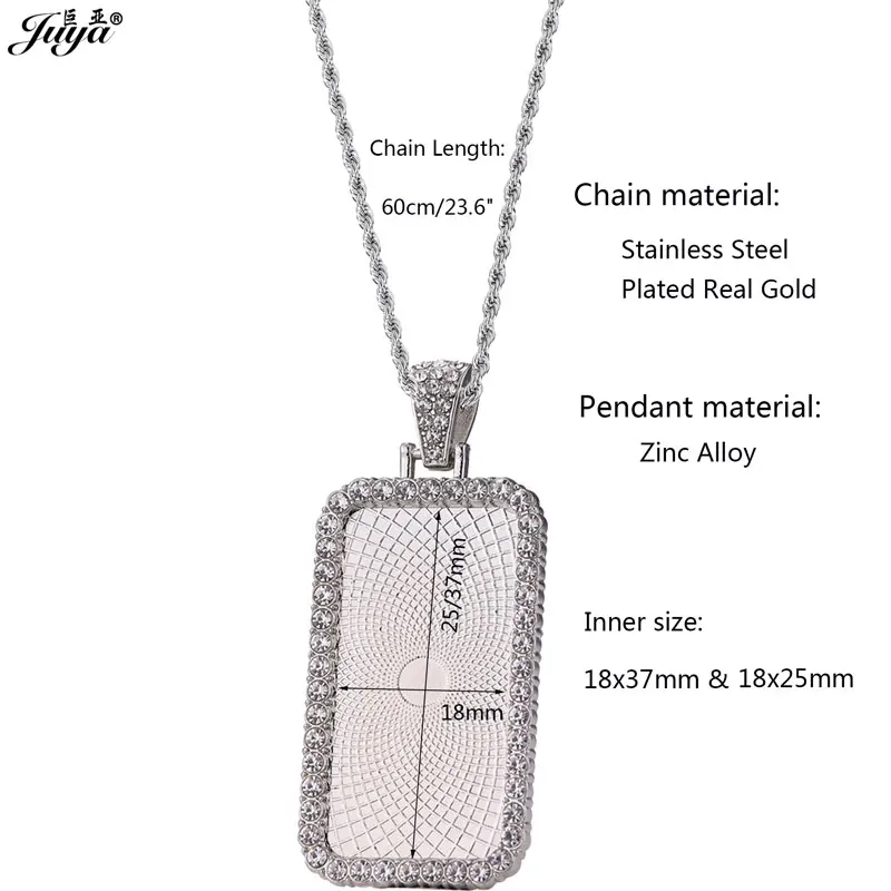 Alloy Rectangle Blank Pendant Base With 60cm Stainless Steel Chains For DIY Make Commemorate Necklaces Jewelry Accessories