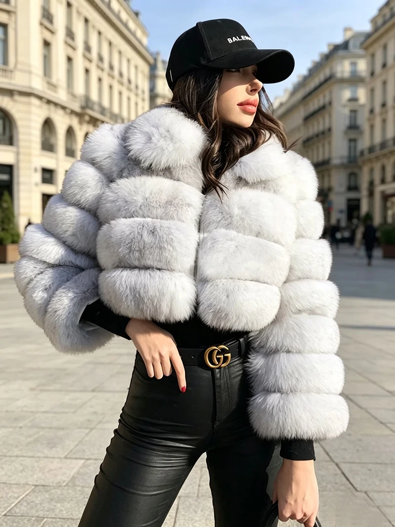 ZADORIN Trendy Cropped Splicing Fluffy Faux Fox Fur Coats Woman Lapel Zipper Long Sleeve Thick Fur Jacket Top Winter Outerwear