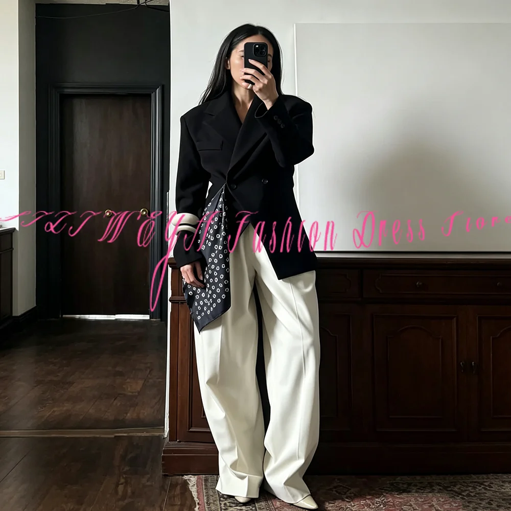 Elegant 2 Piece Suit Set For Women Black Blazer+Whit Wide Leg Pants Smart Casual Office Female Suits Conjuntos De Pantalones