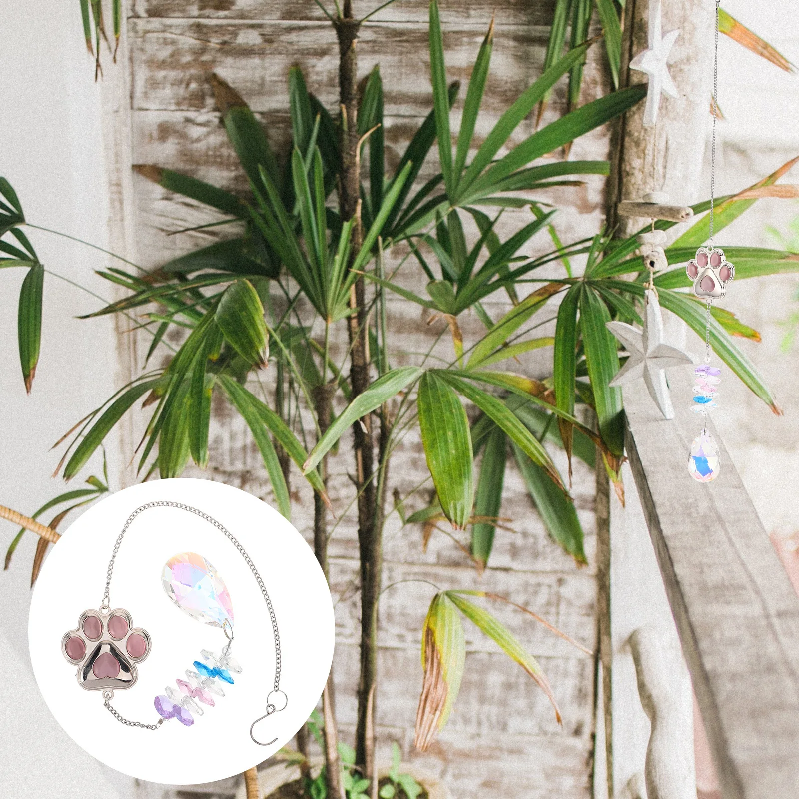 

Crystal Inlay Metal Paw Wind Chime Sunlight Diffuser Outdoor Garden Patio Balcony Decorations Pink Garden Decor for Outside