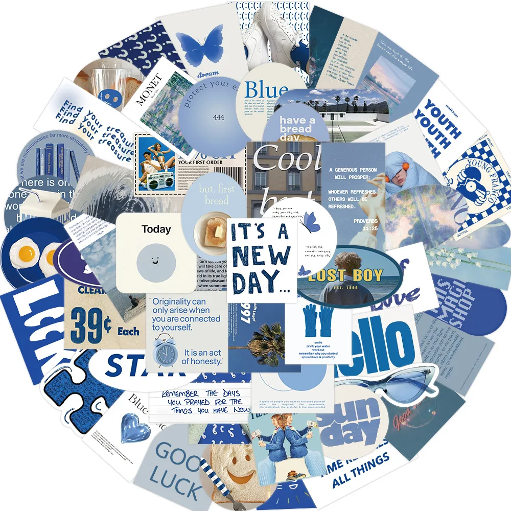 57Pcs Blue INS Stickers Cute Graffiti Stickers Guitar Luggage Waterproof Stickers