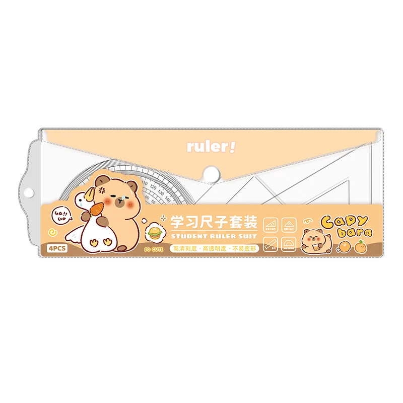 1Set Cute Cartoon Capybara Kids Ruler Stationery Set Multifunctional Combination Ruler Triangle Protractor Drawing Tools