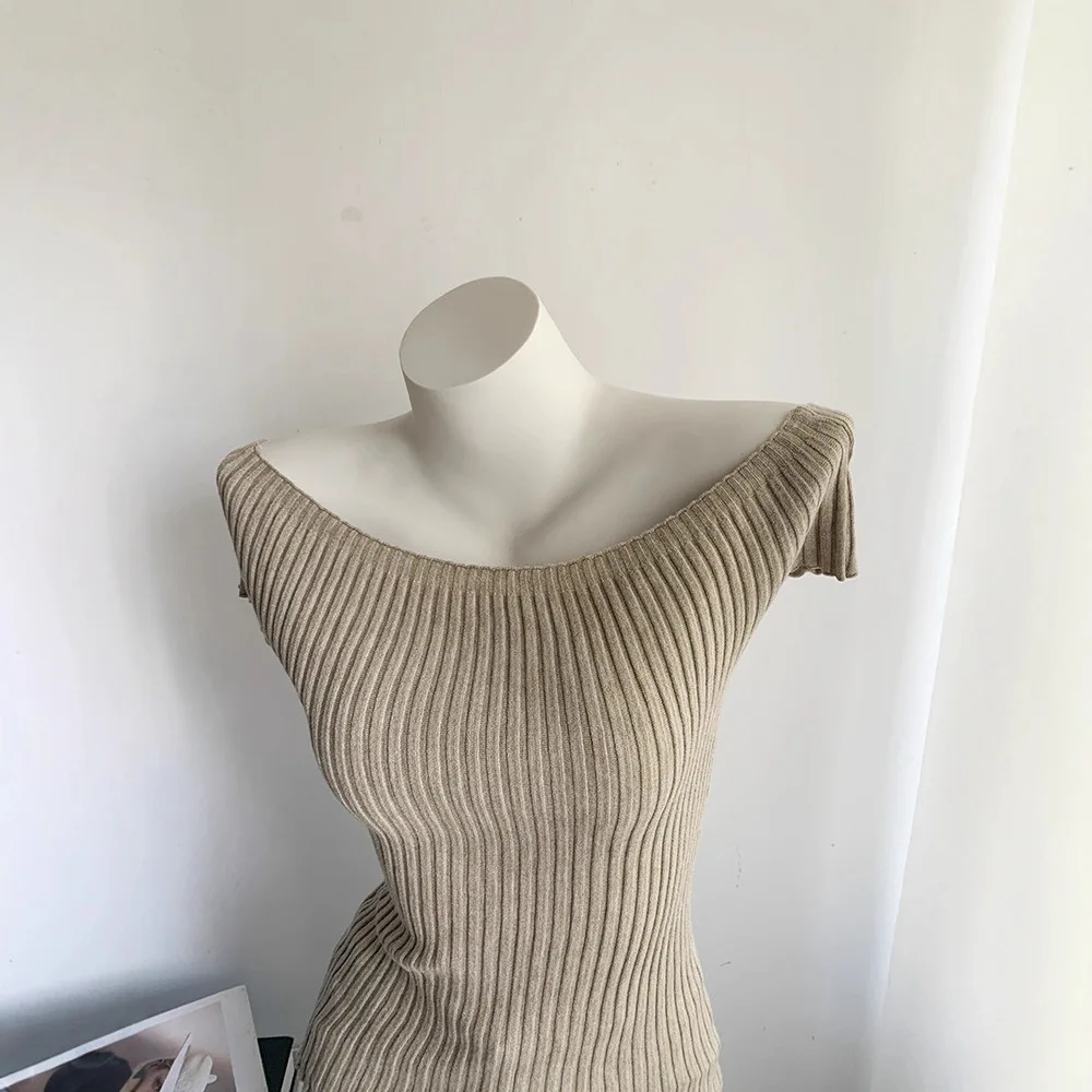 Commuting One Neck Off Shoulder Threaded Groove Strip Slim Fit and Slimming Short Sleeved Knitted Sweater for Women