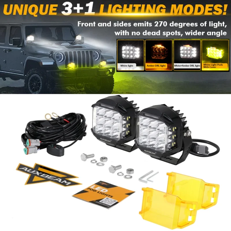 

Пара 5-дюймовых светодиодных фар 168 Вт (квадратные/круглые) с янтарными ДХО, 16440 лм, комбинированный свет (точечный/рассеянный), рабочие прожекторы Auxbeam