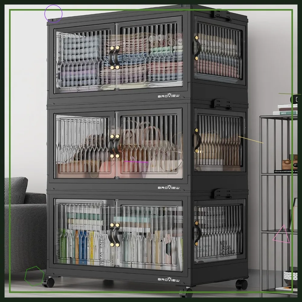 

Large Stackable Storage Bins with Lids, Collapsible Plastic Organizer with Wheels and Doors for Home Kitchen, 3-Pack Black