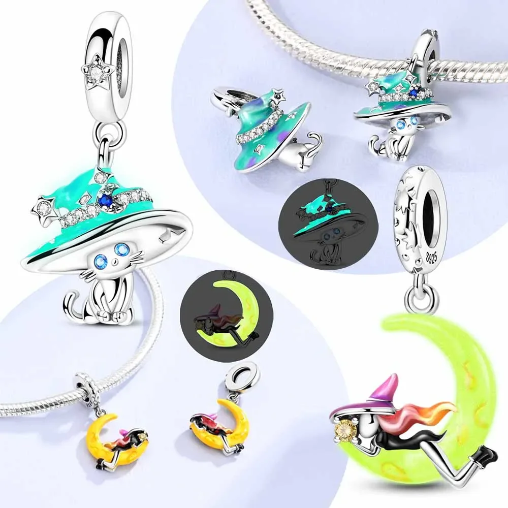 Charms 925 Original Silver Glowing Witch Moon Magic Hat Cat Beads for Bracelet Pendant Diy Lady's Gift Jewelry Bag Charm