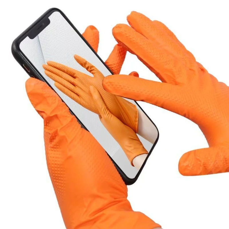 Heavy Duty Orange Nitrile Gloves 8Mil Industrial Disposable Gloves with Diamond Textured Grip for Mechanic Safety & Work Gloves - Image 5