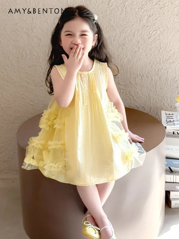 

Girls' Sleeveless Cotton A-Line Dress with Lace Trim Loose Fit Casual Sundress for Toddlers Ideal for Summer and Daily Wear