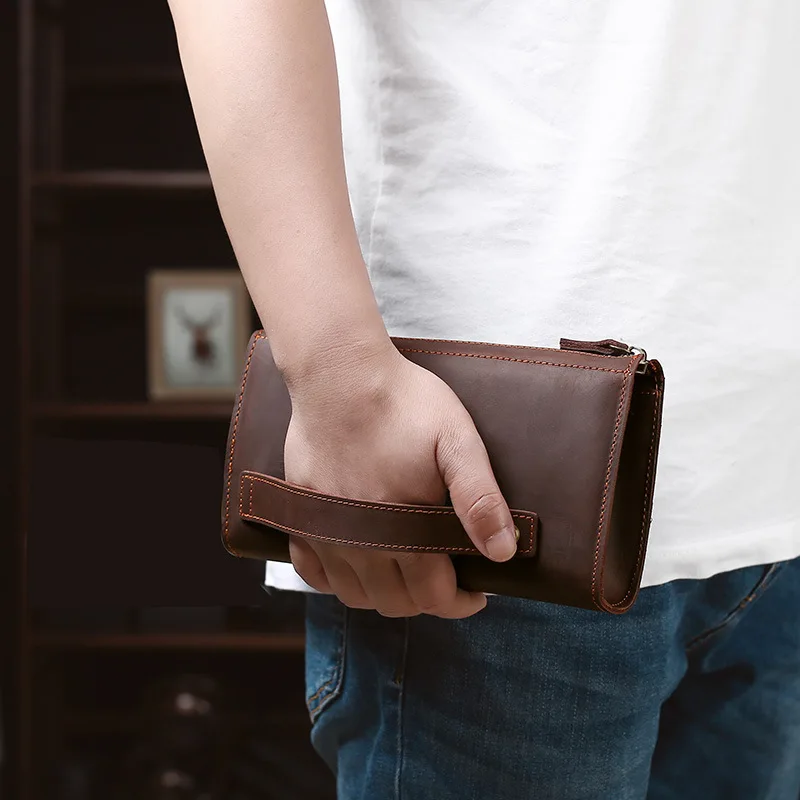 Men's Clutches Long Handbag Business Vintage Cow Leather Man Long Wallet For Men And Woman Zipper Purse
