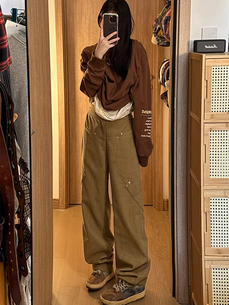 

Винтажные коричневые удлиненные мужские брюки с высокой талией в американском уличном стиле, вельветовые рабочие брюки, модные брендовые повседневные брюки