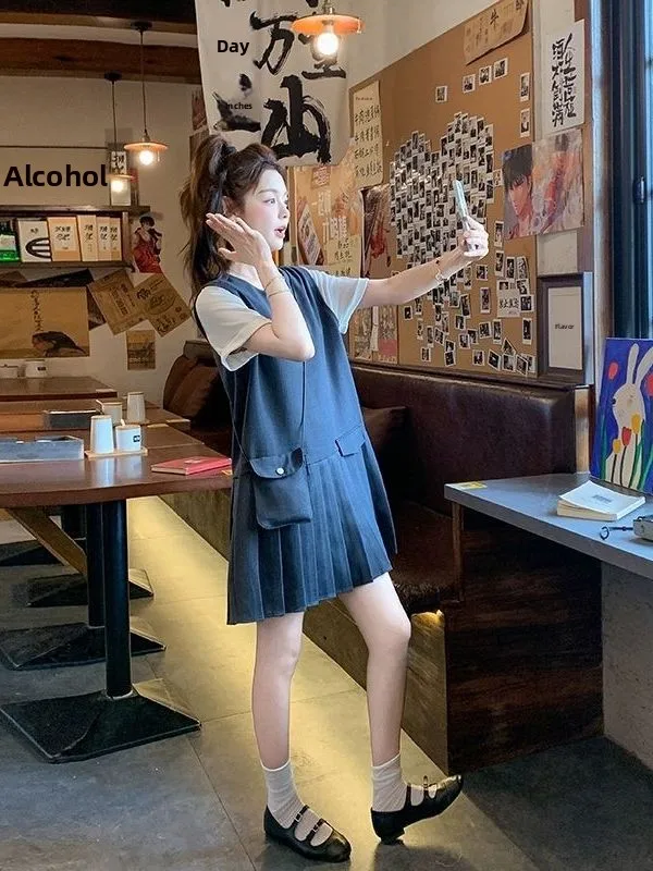 

plus Size 300 Pou Korean Sle Splice ort Sve Pleated Summer Dr for Students Loose Fit Women's Dr Casual Wear