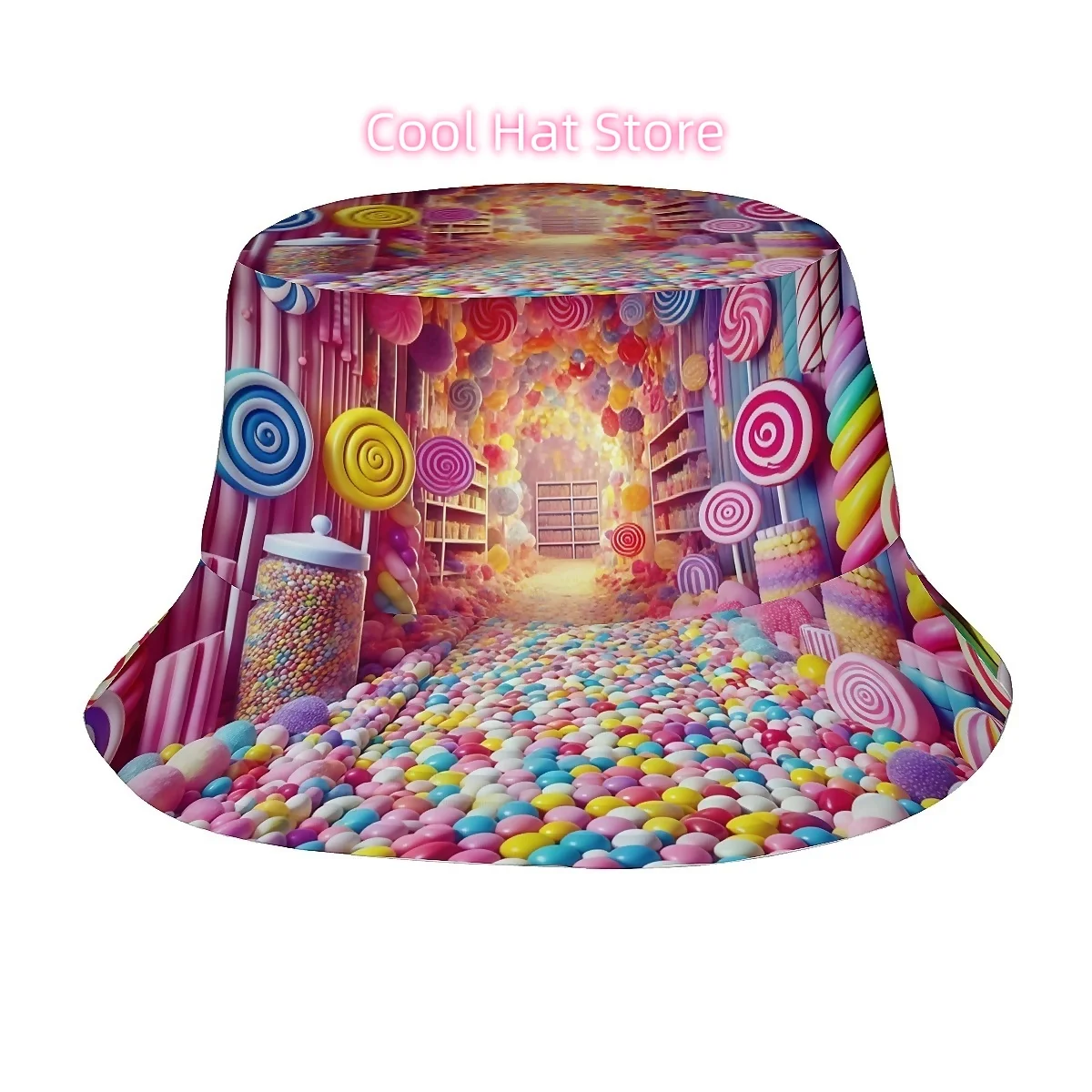 1pc Vibrant Candy Land Scene with Lollipop Gumdrop And Sweet Shop Unisex Printed Fisherman Hat, Stylish Hat with Fun Personalty,