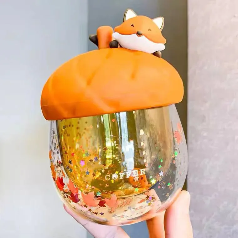 

245ml New Autumn Maple Leaf Acorn Cute Fox Double Sequined Glass Coffee Cup Anti-scalding Gift Cup Water Bottle Kawaii Bottle