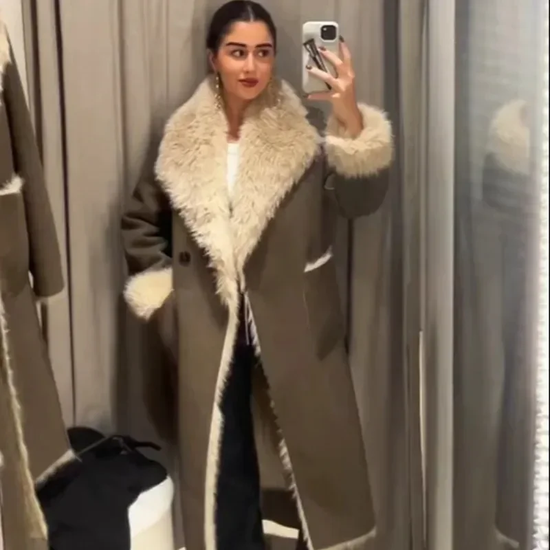 

Elegant Faux Fur Women Long Jacket Fashion Thick Turn-down Collar Long Sleeve Female Coat 2024 Autumn Winter Ladies Overcoat