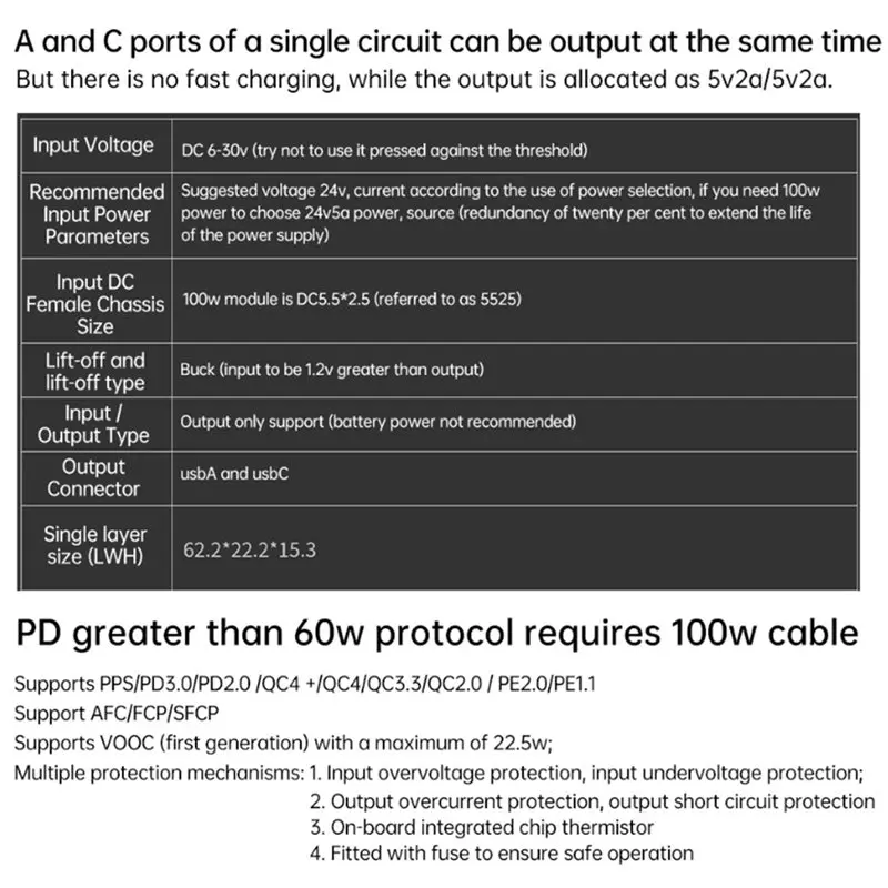 Y47A 100W Fast Charging Module Car Desktop Motherboard, PD3.0 QC4+ Multi-Protocol USB C Board DC 6-30V