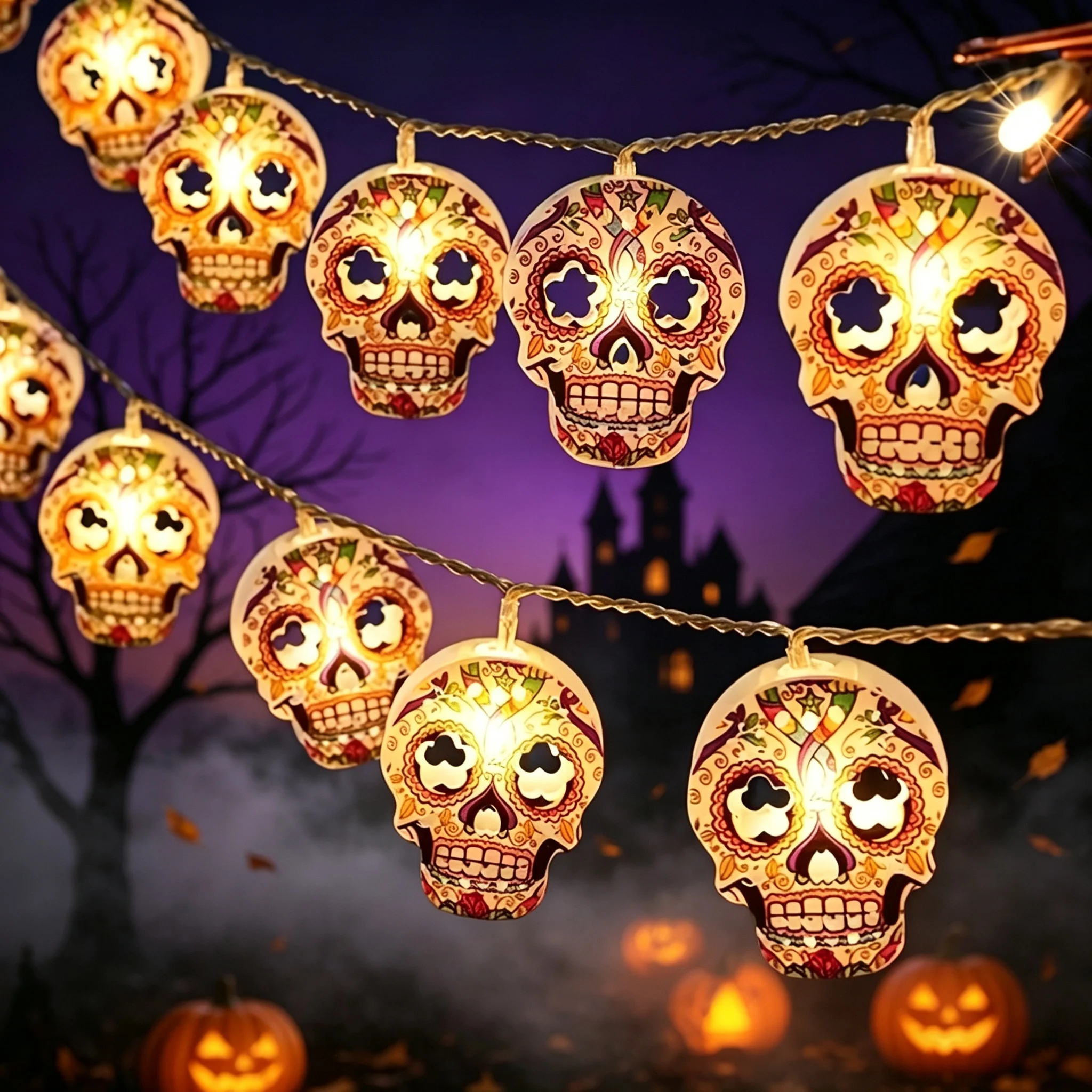 10leds Halloween Skull String Lights Floral Patterns Battery Powered Halloween Home Decor String lights Outdoor Decorative Light