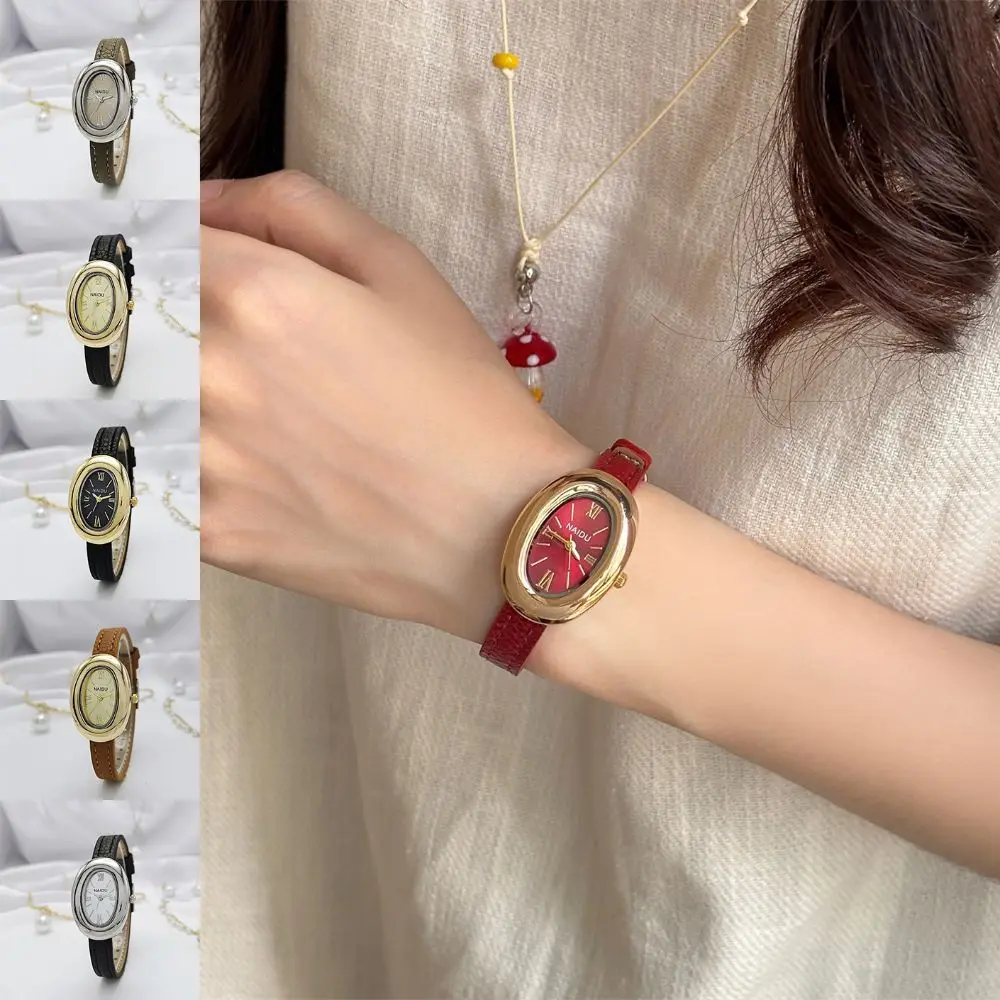 

Роскошные женские кварцевые часы в форме гусиного яйца с мягким кожаным ремешком, повседневные наручные часы с кожаным ремешком, прочные винтажные овальные женские часы